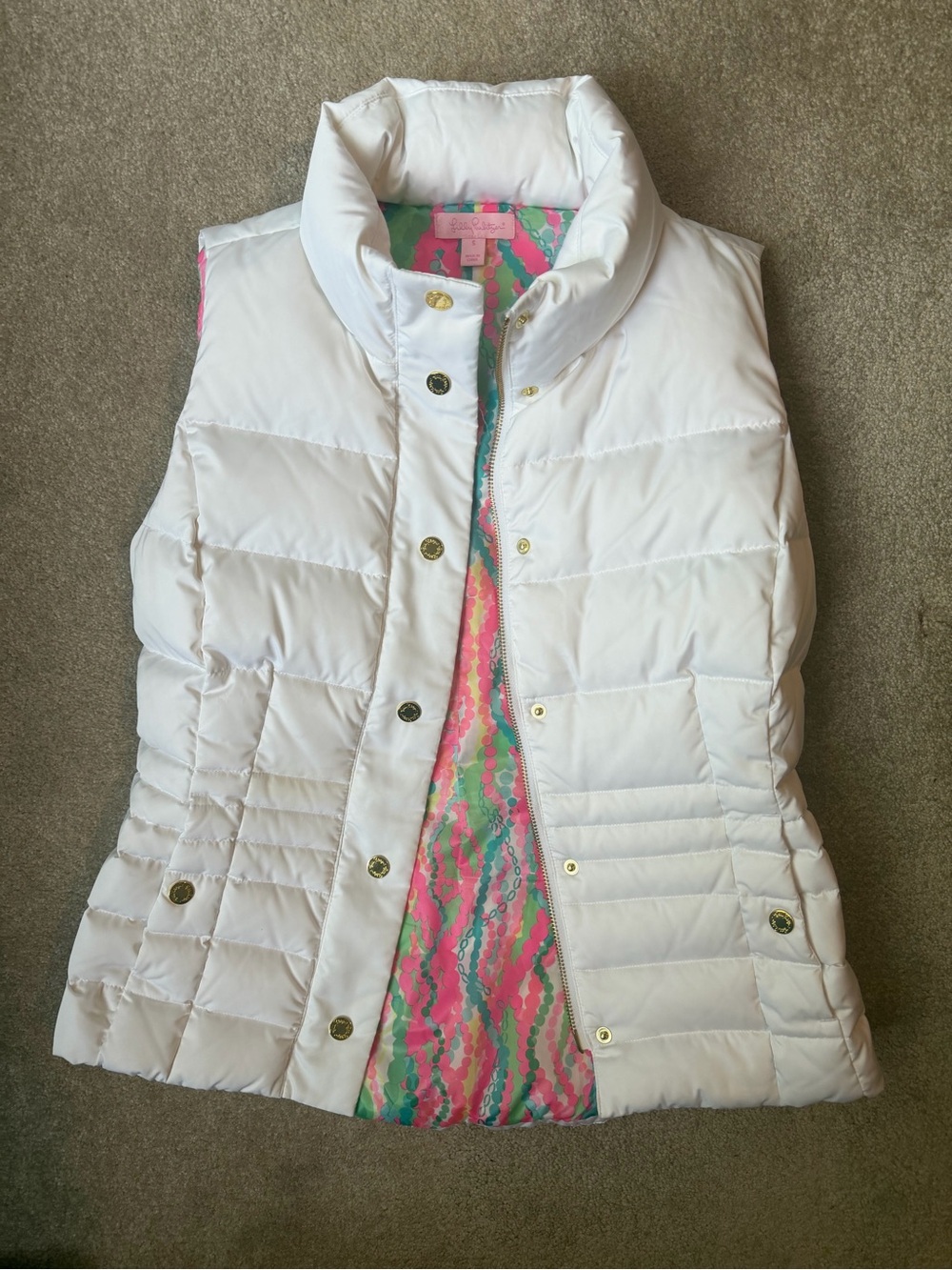 Lilly Pulitzer White Quilted Down Puffer Vest with Pink & Green Lining